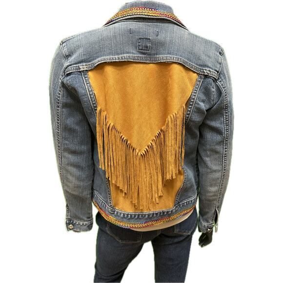 Custom Upcycled GAP Denim Jacket Fringe & Rainbow Trim Sz Small S